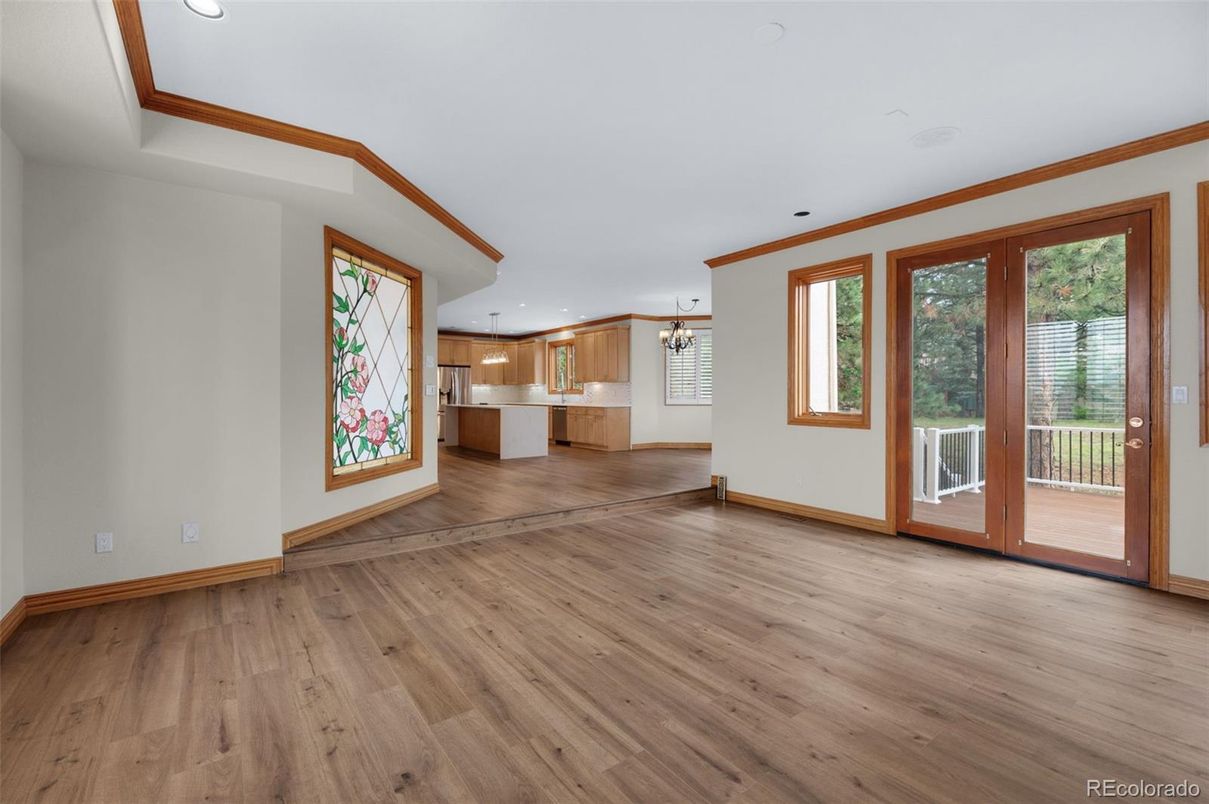 Empty room, Interior, Kitchen, Pendant Lights, Recessed Lighting, Wood Texture Flooring