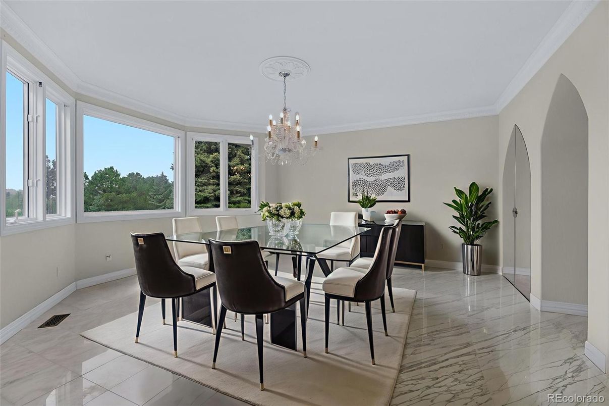 Chandelier, Dining room, Interior, Marble