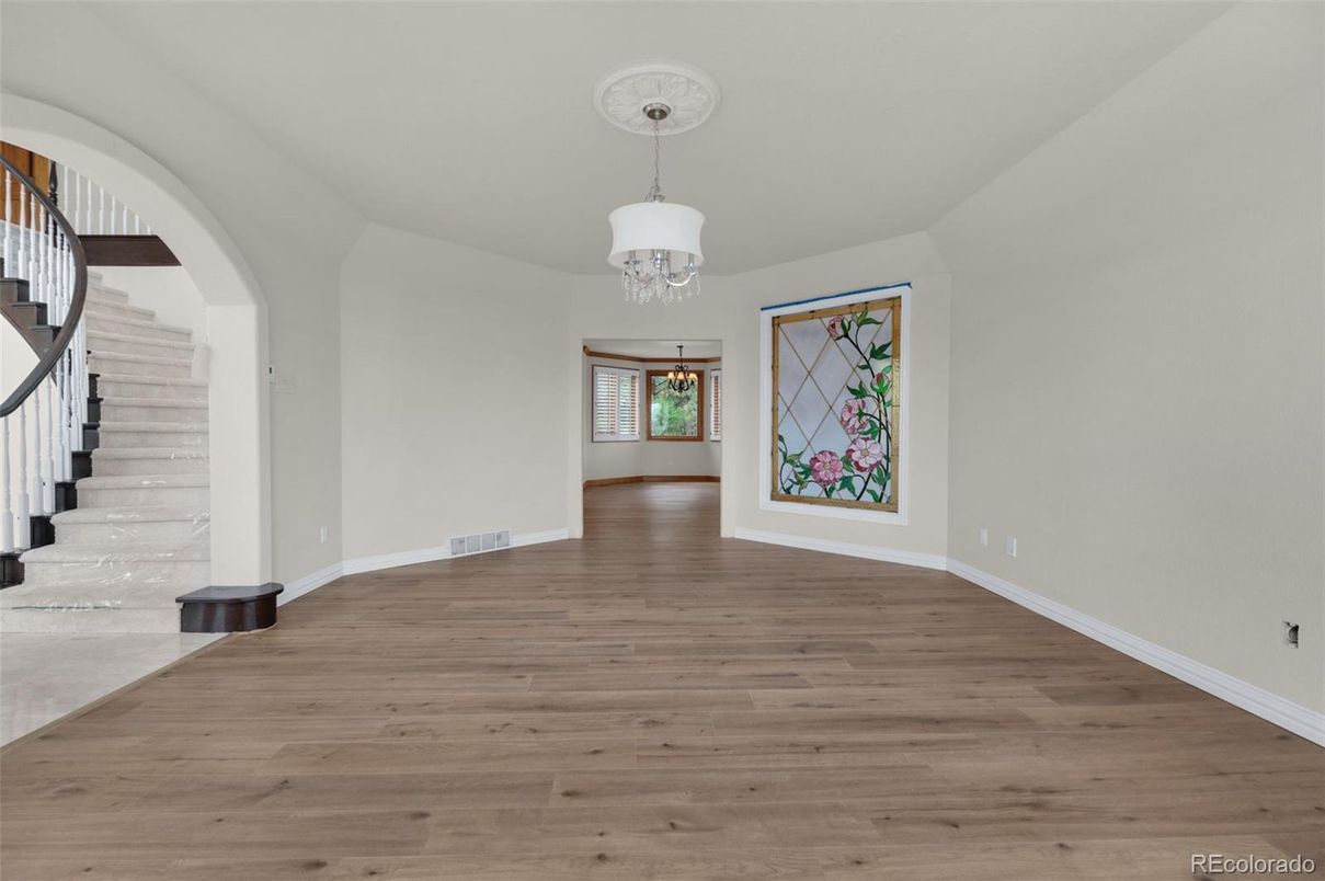 Chandelier, Empty room, Interior, Pendant Lights, Wood Texture Flooring