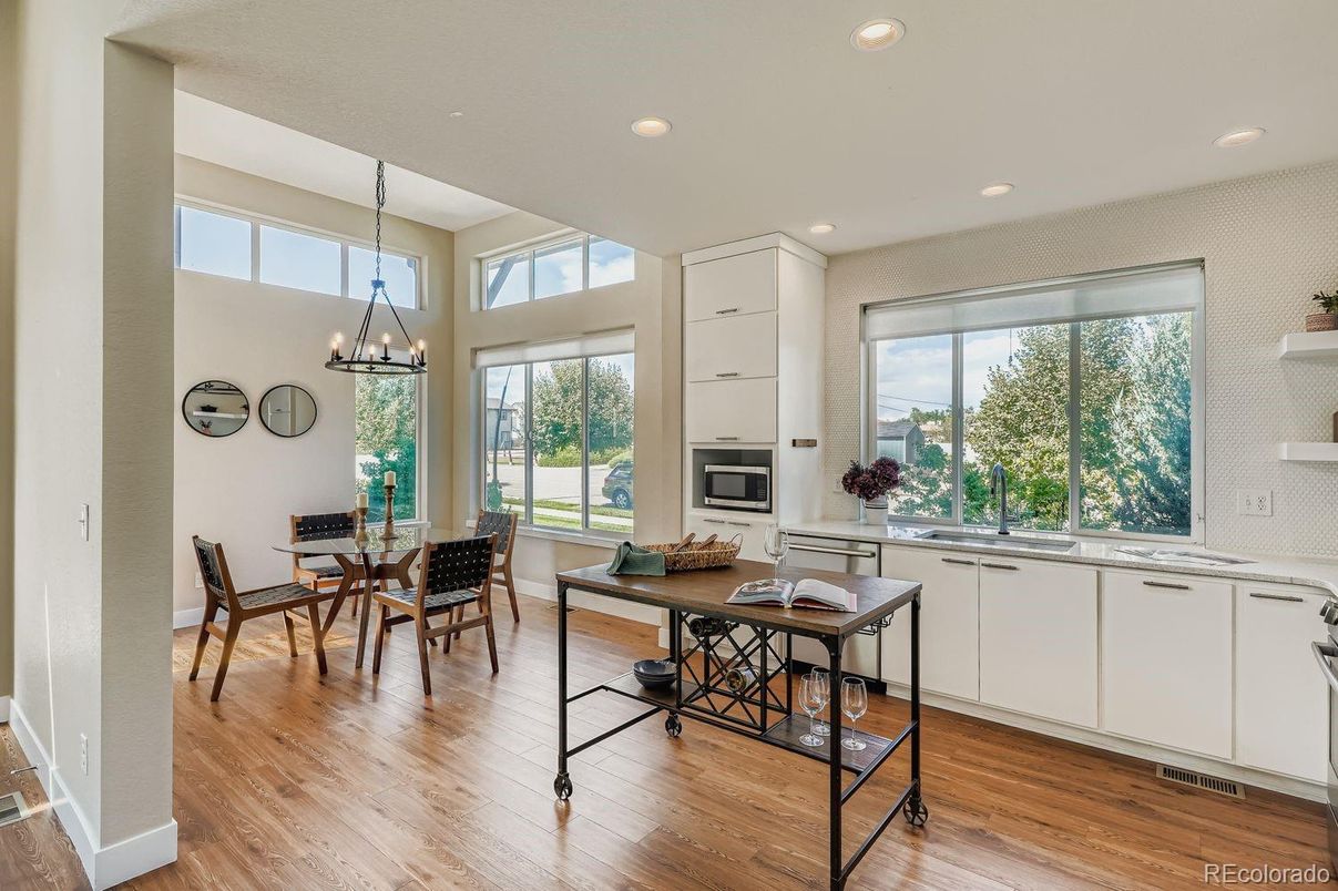 Dining room, Interior, Pendant Lights, Recessed Lighting, Wood Texture Flooring