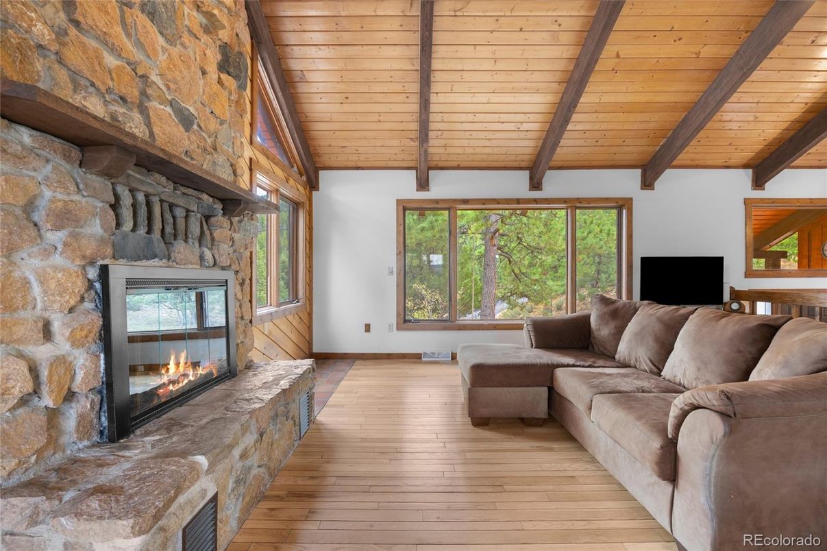 Fireplace, Interior, Living room, Stone Walls, Wooden Beams, Wooden Ceilings, Wood Texture Flooring