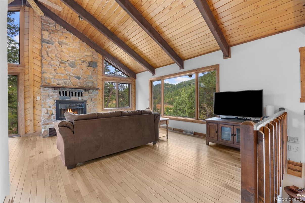 Fireplace, Interior, Living room, Stone Walls, Wooden Beams, Wooden Ceilings, Wood Texture Flooring