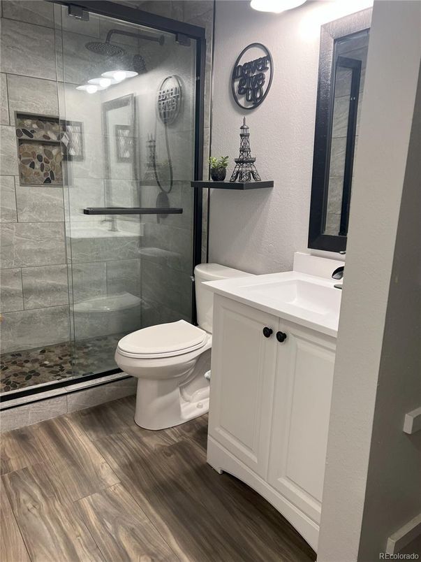 Bathroom, Glass Shower, Interior, Wood Texture Flooring