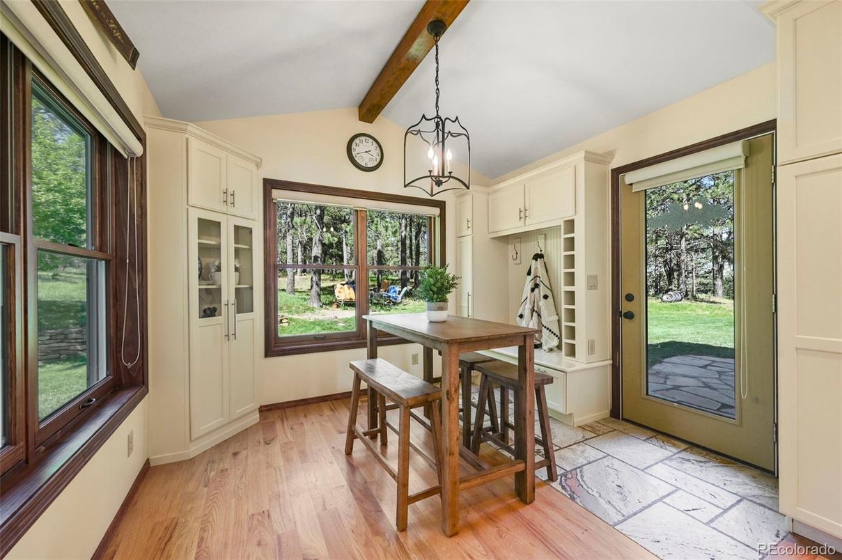 Dining room, Interior, Pendant Lights, Wooden Beams, Wood Texture Flooring