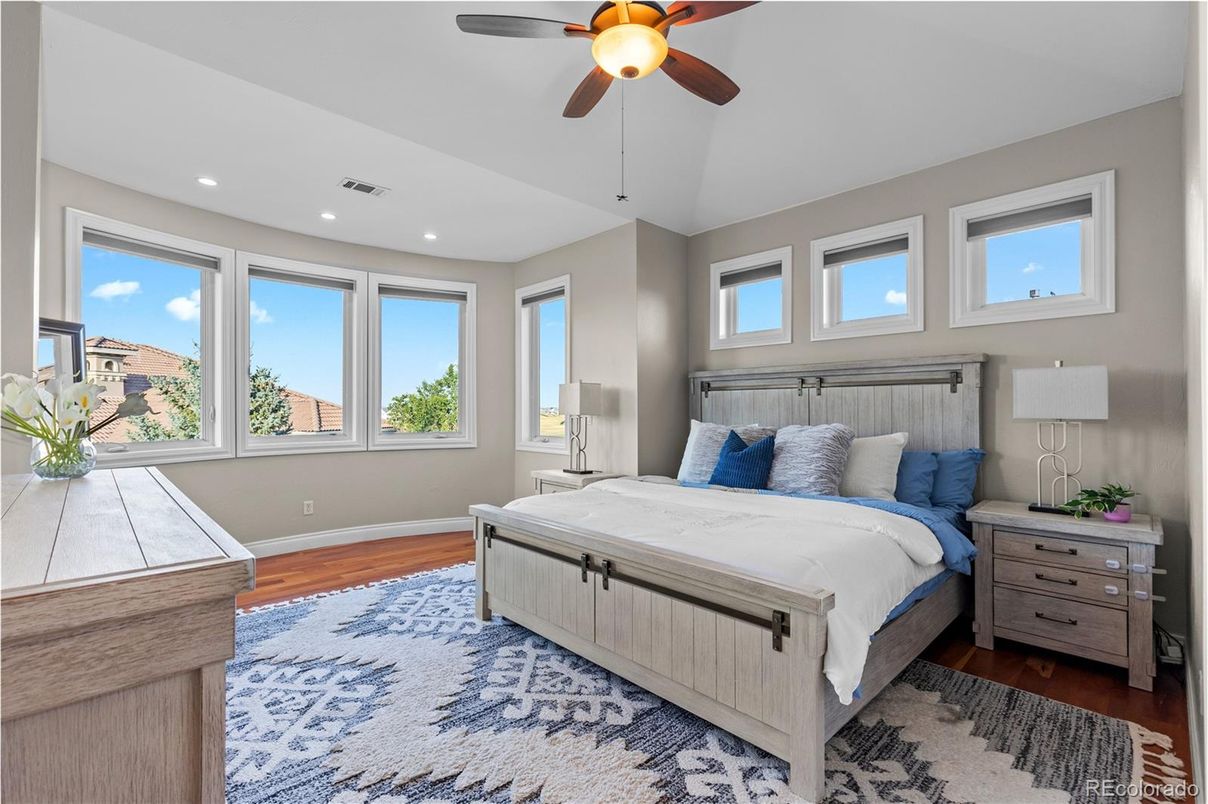 Bedroom, Interior, Recessed Lighting, Wood Texture Flooring