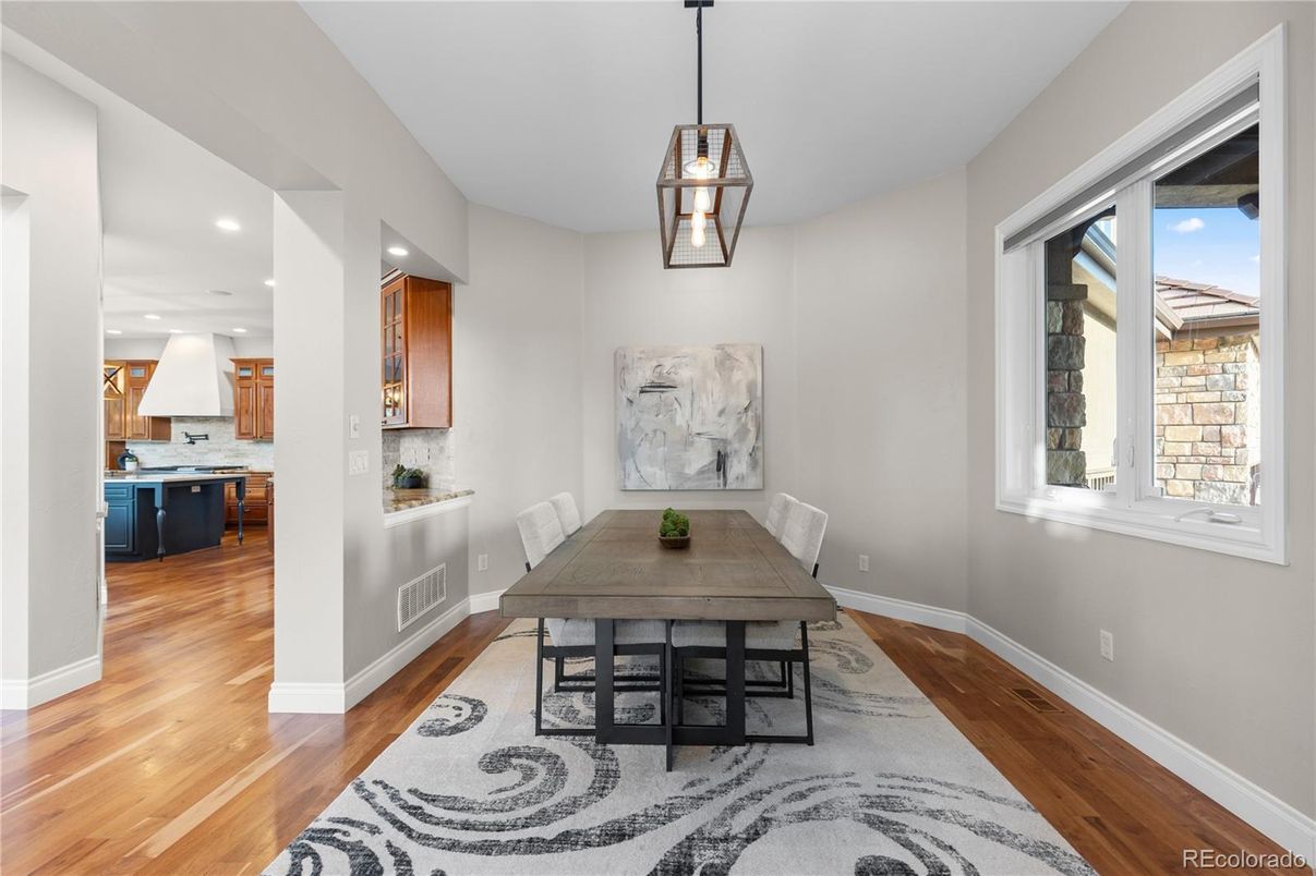 Dining room, Interior, Kitchen, Pendant Lights, Recessed Lighting, Wood Texture Flooring