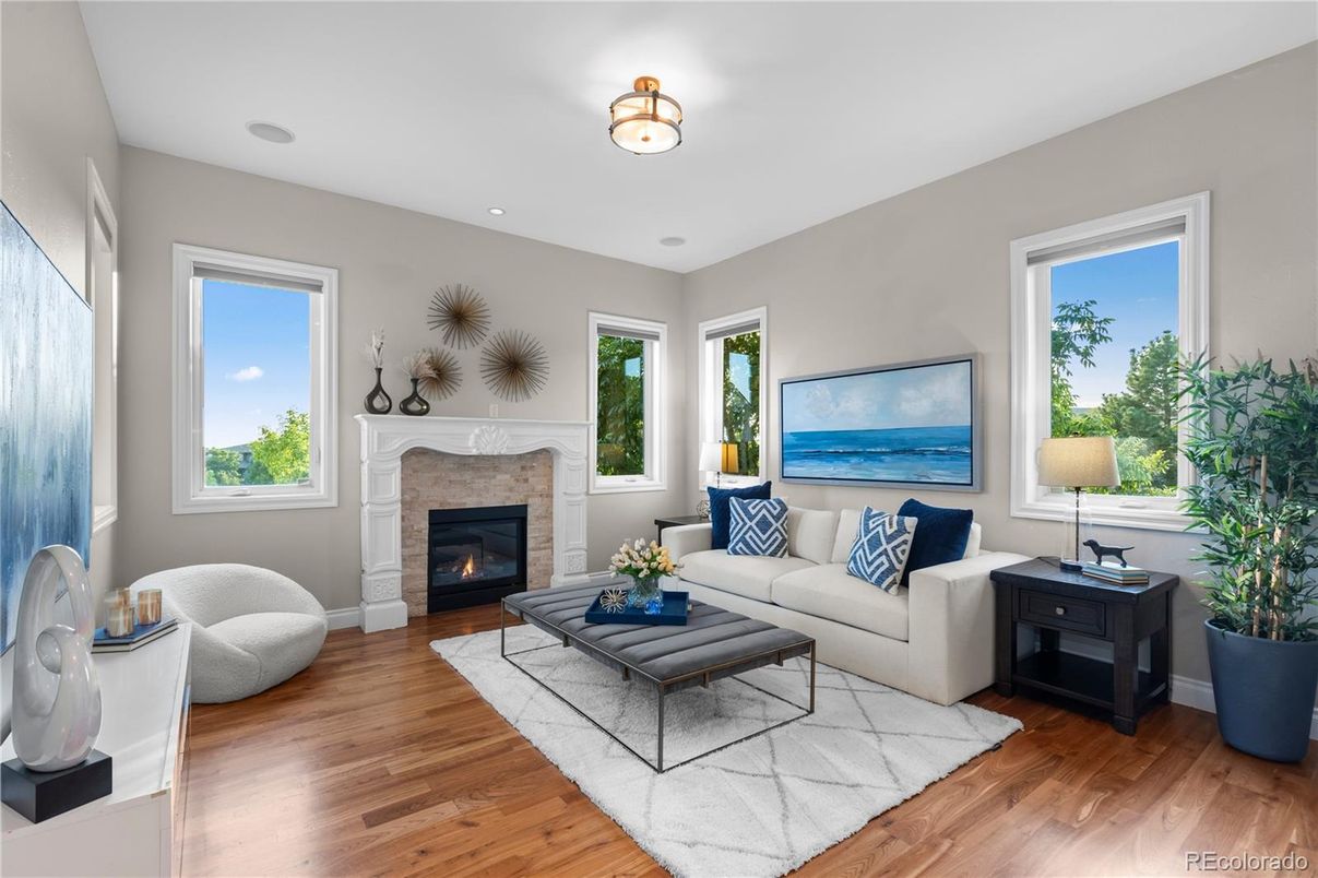 Fireplace, Interior, Living room, Recessed Lighting, Water, Wood Texture Flooring