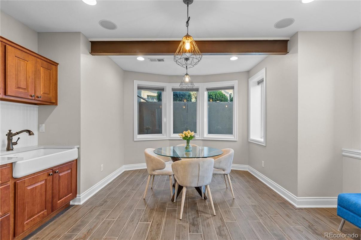Dining room, Interior, Pendant Lights, Recessed Lighting, Wooden Beams, Wood Texture Flooring