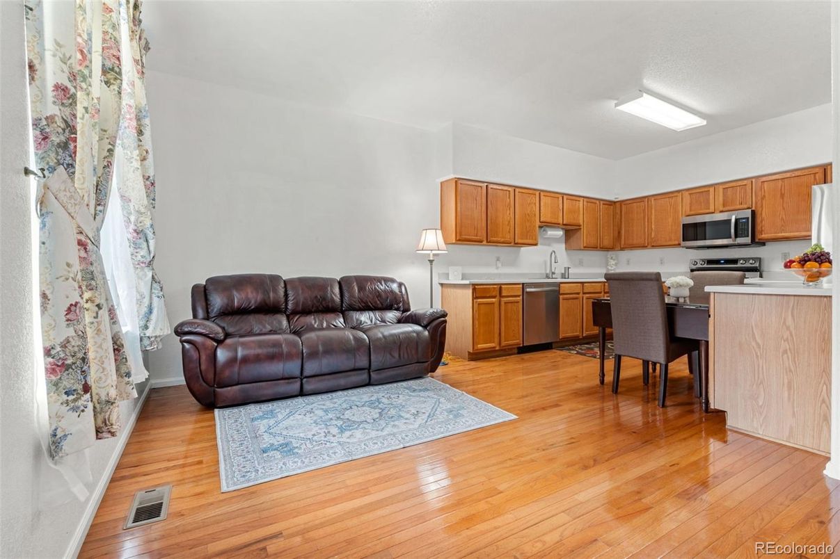 Dining room, Interior, Kitchen, Living room, Stainless Steel Appliances, Wood Texture Flooring