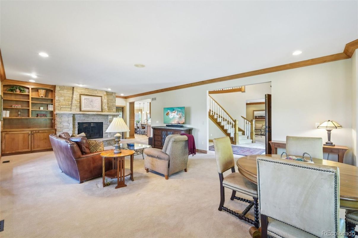 Dining room, Fireplace, Interior, Living room, Recessed Lighting, Stone Walls