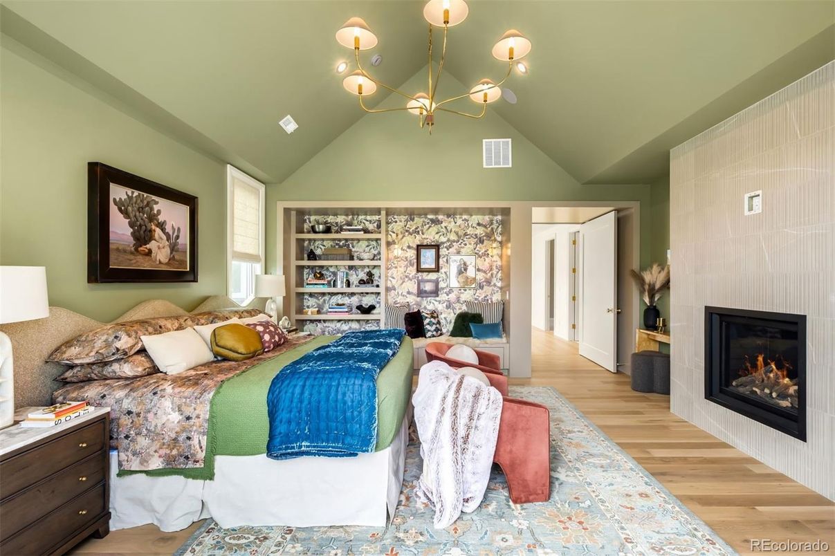 Bedroom, Chandelier, Fireplace, Interior, Pendant Lights, Wood Texture Flooring