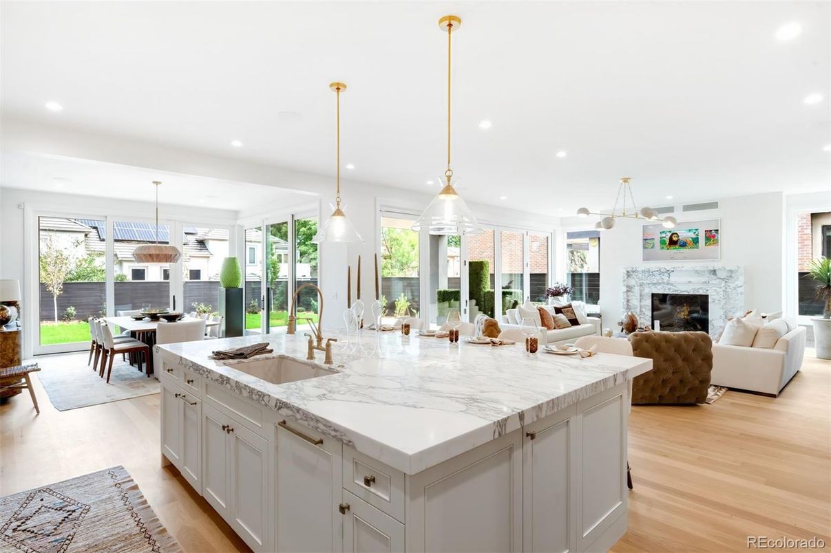 Dining room, Fireplace, Interior, Kitchen, Living room, Pendant Lights, Recessed Lighting, Wood Texture Flooring