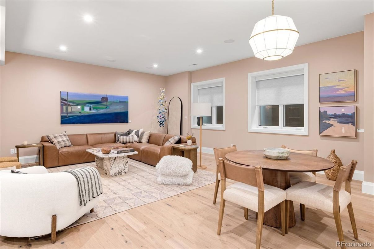 Dining room, Interior, Living room, Pendant Lights, Recessed Lighting, Wood Texture Flooring