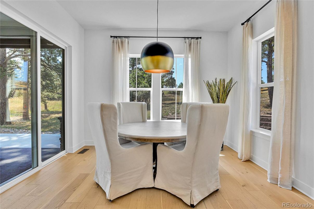 Dining room, Interior, Pendant Lights, Wood Texture Flooring