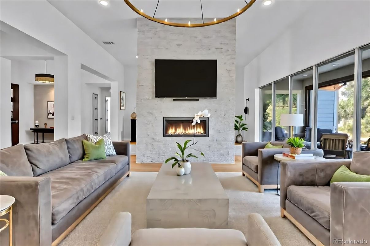 Fireplace, Interior, Living room, Pendant Lights, Recessed Lighting, Stone Walls