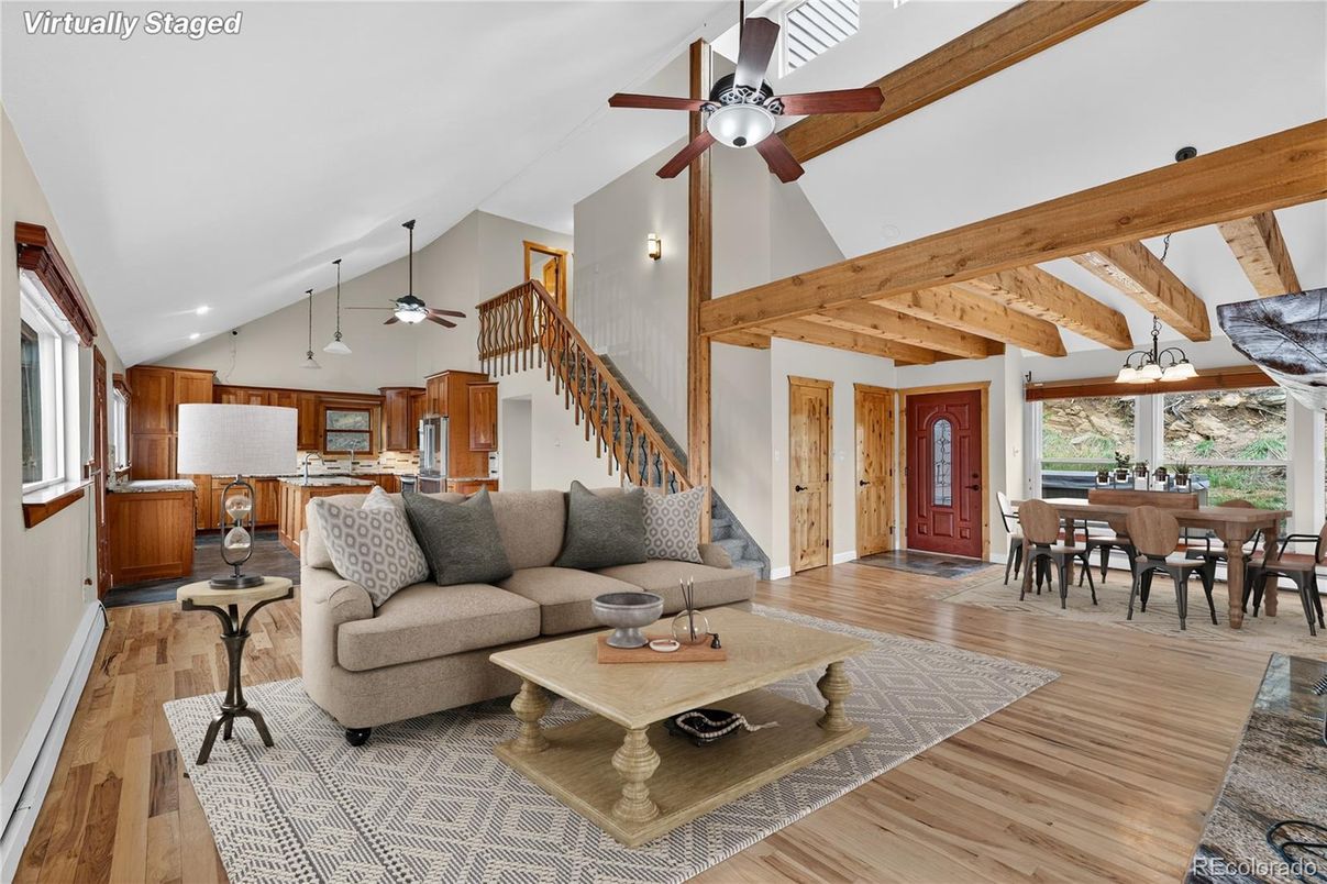 Dining room, Interior, Kitchen, Living room, Pendant Lights, Wooden Beams, Wood Texture Flooring