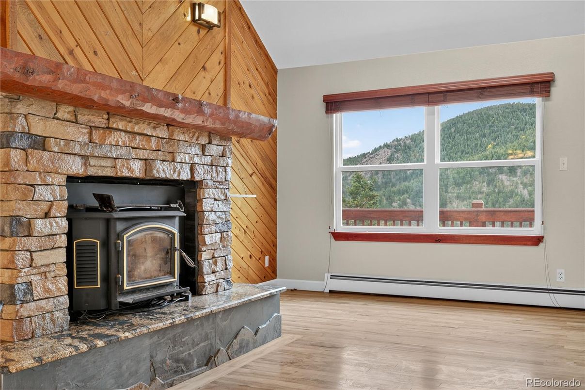 Fireplace, Interior, Stone Walls, Wood Texture Flooring, Wooden Walls