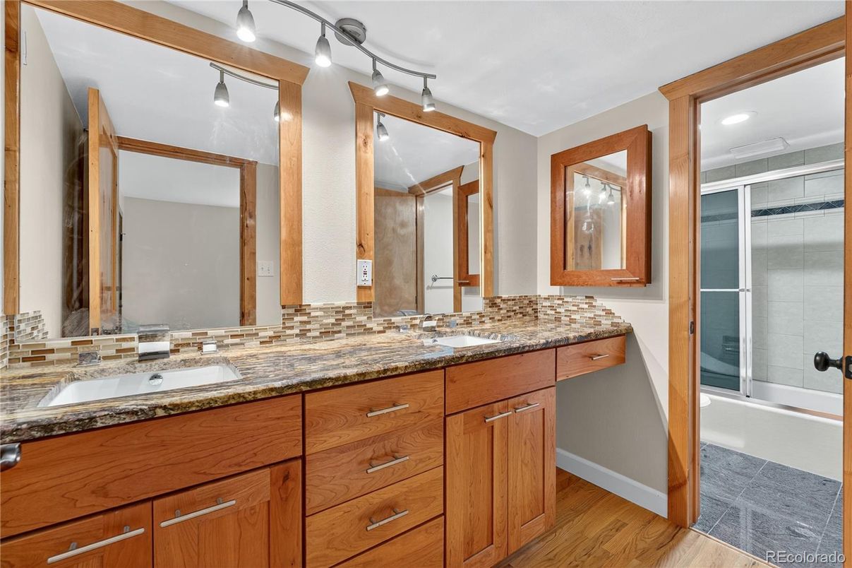Bathroom, Dual Sink Vanities, Glass Shower, Interior, Recessed Lighting, Wood Texture Flooring