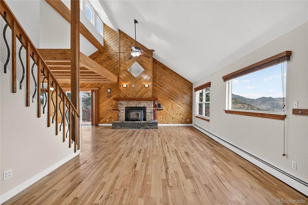 Fireplace, Interior, Pendant Lights, Wooden Beams, Wood Texture Flooring, Wooden Walls