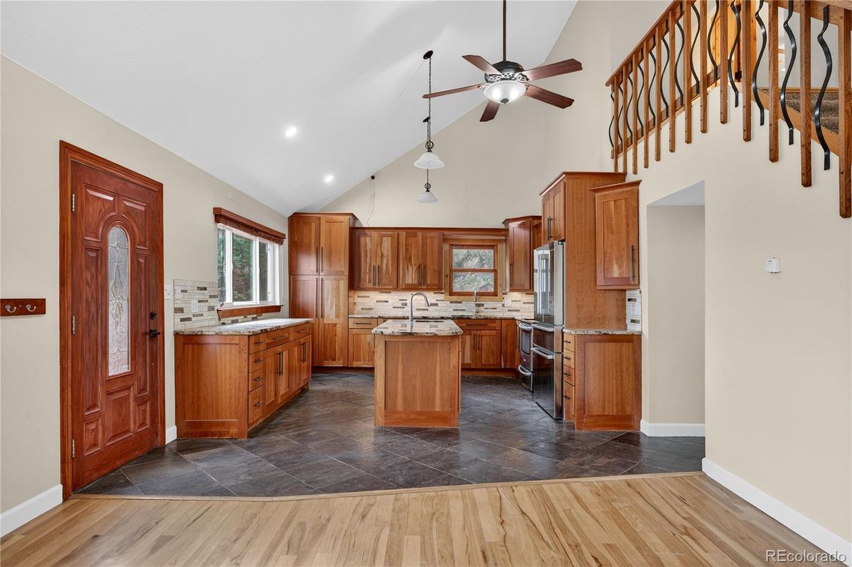 Interior, Kitchen, Pendant Lights, Recessed Lighting, Wood Texture Flooring