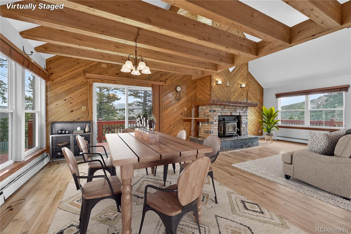 Dining room, Fireplace, Interior, Wooden Beams, Wooden Ceilings, Wood Texture Flooring, Wooden Walls