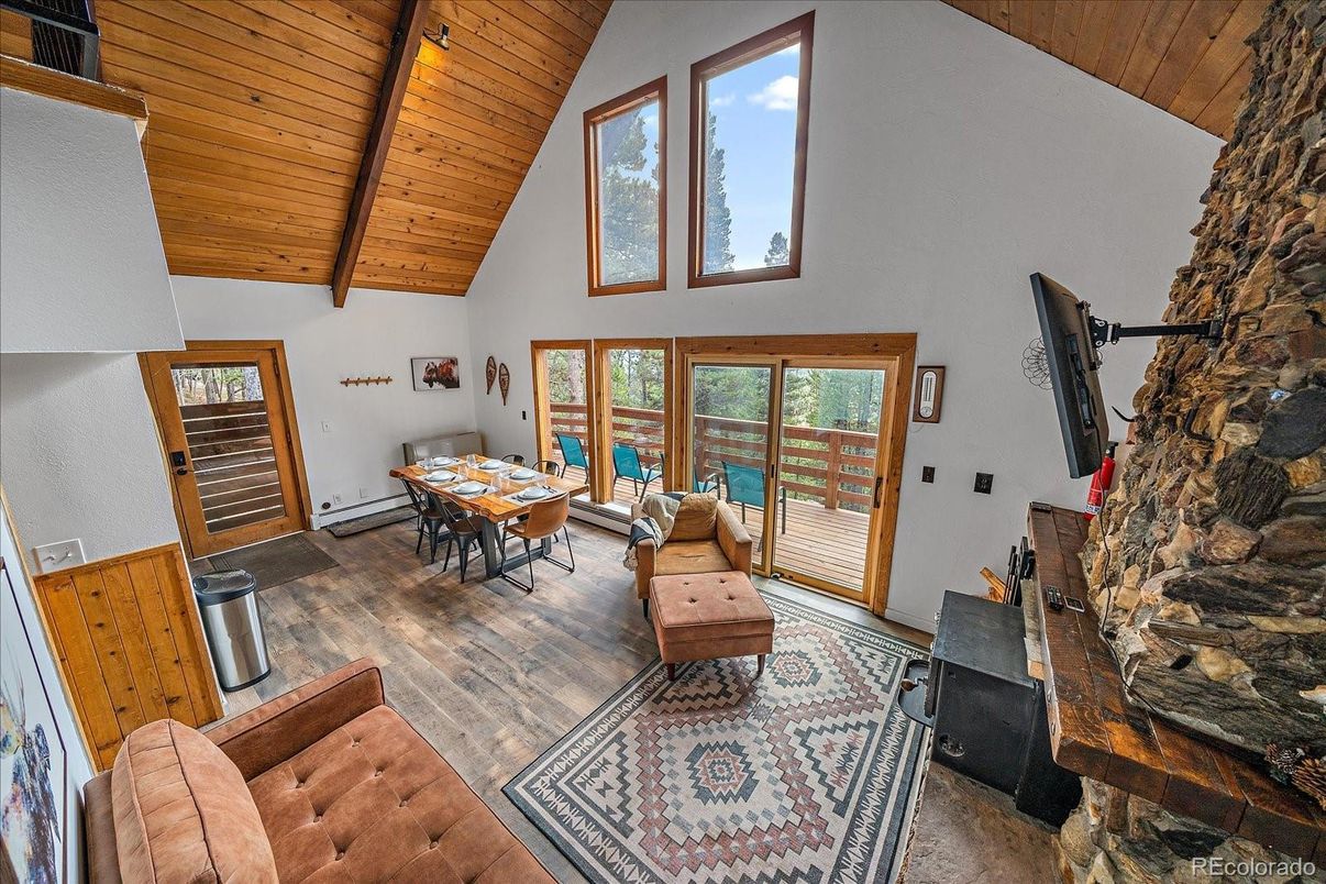Dining room, Fireplace, Interior, Wooden Beams, Wooden Ceilings, Wood Texture Flooring