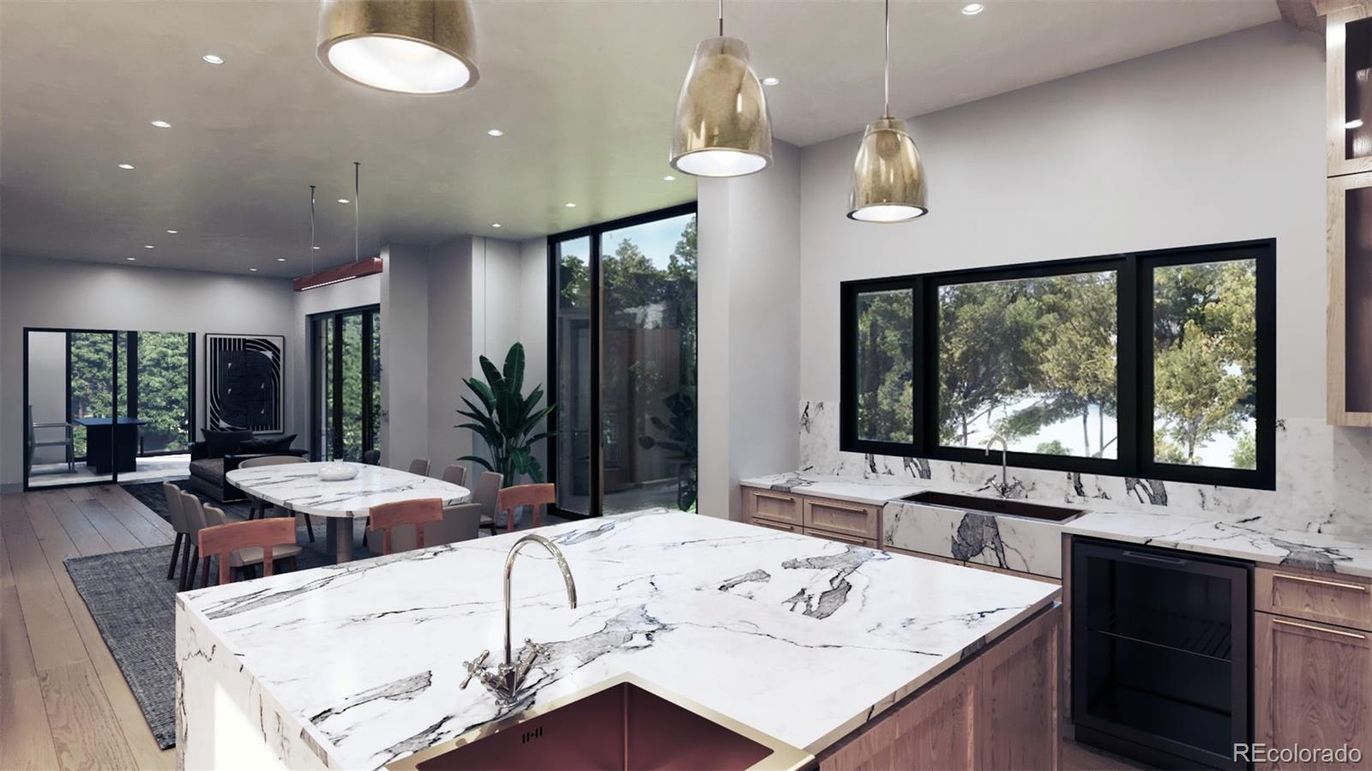 Dining room, Interior, Kitchen, Pendant Lights, Recessed Lighting, Wood Texture Flooring