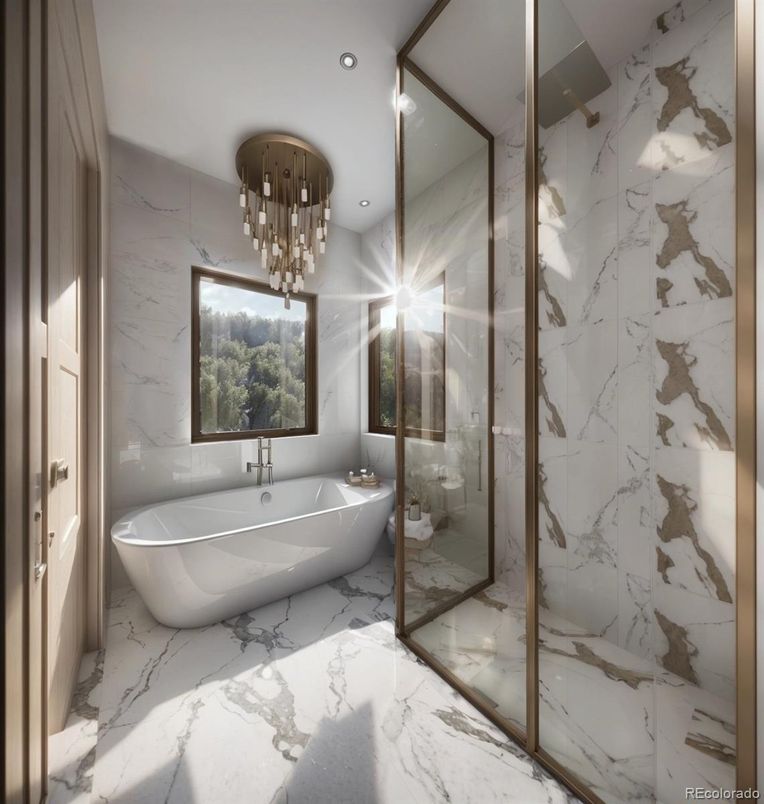 Bathroom, Free Standing Baths, Glass Shower, Interior, Marble, Marble Walls, Recessed Lighting