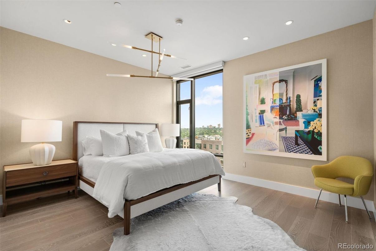 Bedroom, Interior, Pendant Lights, Recessed Lighting, Wood Texture Flooring