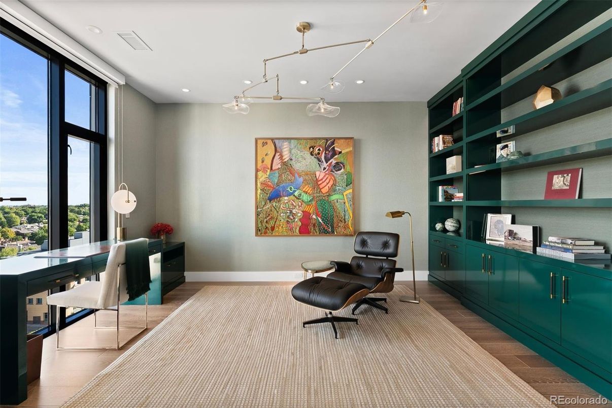 Home Office, Interior, Pendant Lights, Recessed Lighting, Wood Texture Flooring