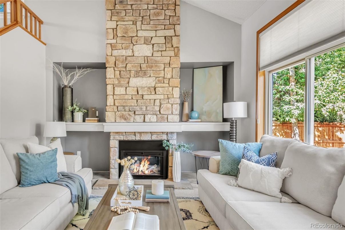 Fireplace, Interior, Living room, Stone Walls, Wood Texture Flooring