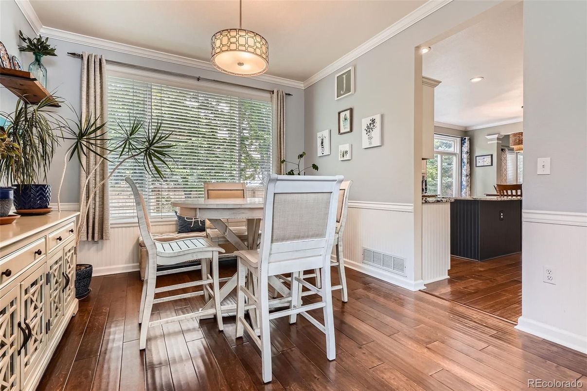 Dining room, Interior, Pendant Lights, Recessed Lighting, Wood Texture Flooring