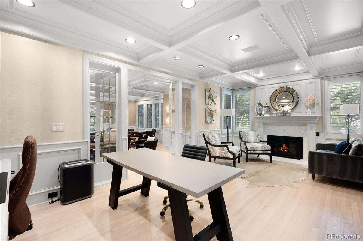 Fireplace, Home Office, Interior, Living room, Recessed Lighting, Wood Texture Flooring