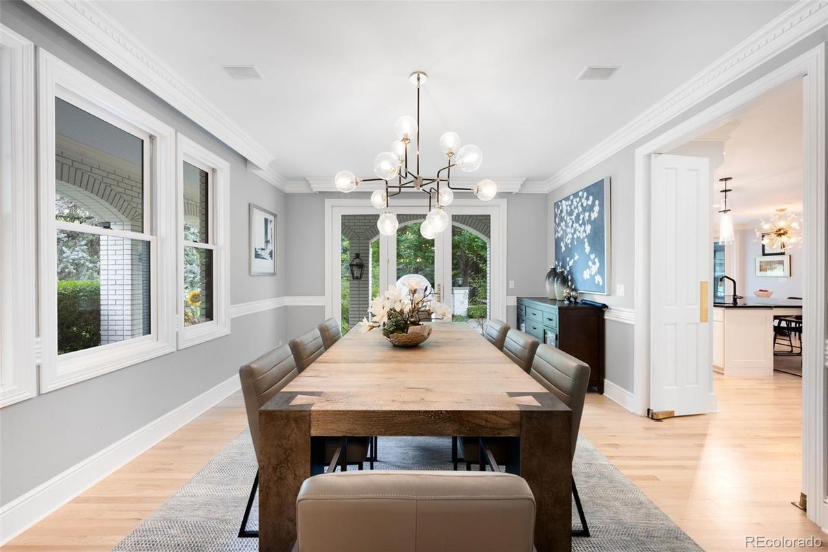 Dining room, Interior, Pendant Lights, Wood Texture Flooring