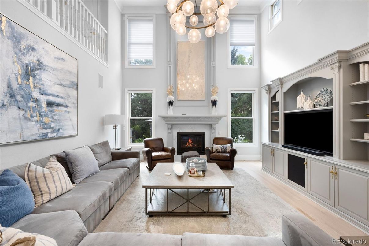 Fireplace, Interior, Living room, Pendant Lights, Wood Texture Flooring