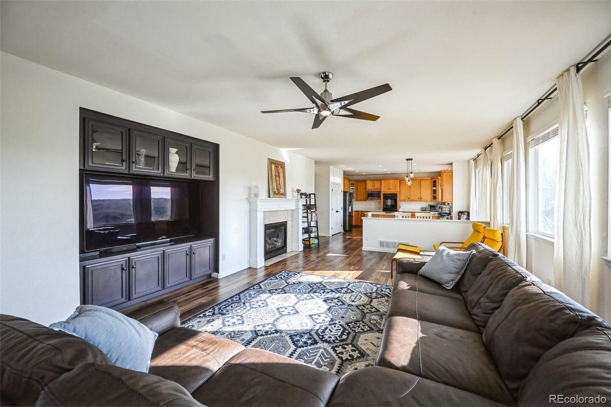 Fireplace, Interior, Kitchen, Living room, Pendant Lights, Wood Texture Flooring