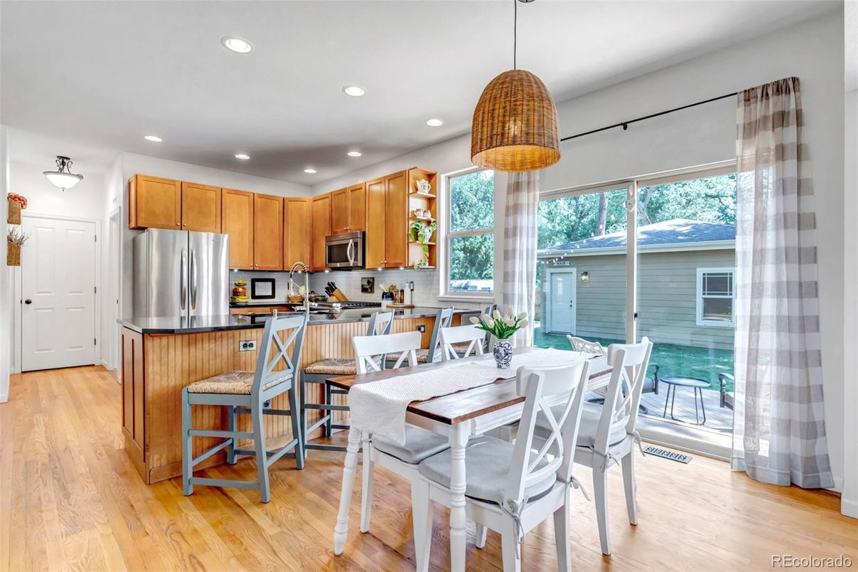 Dining room, Interior, Kitchen, Pendant Lights, Recessed Lighting, Stainless Steel Appliances, Wood Texture Flooring