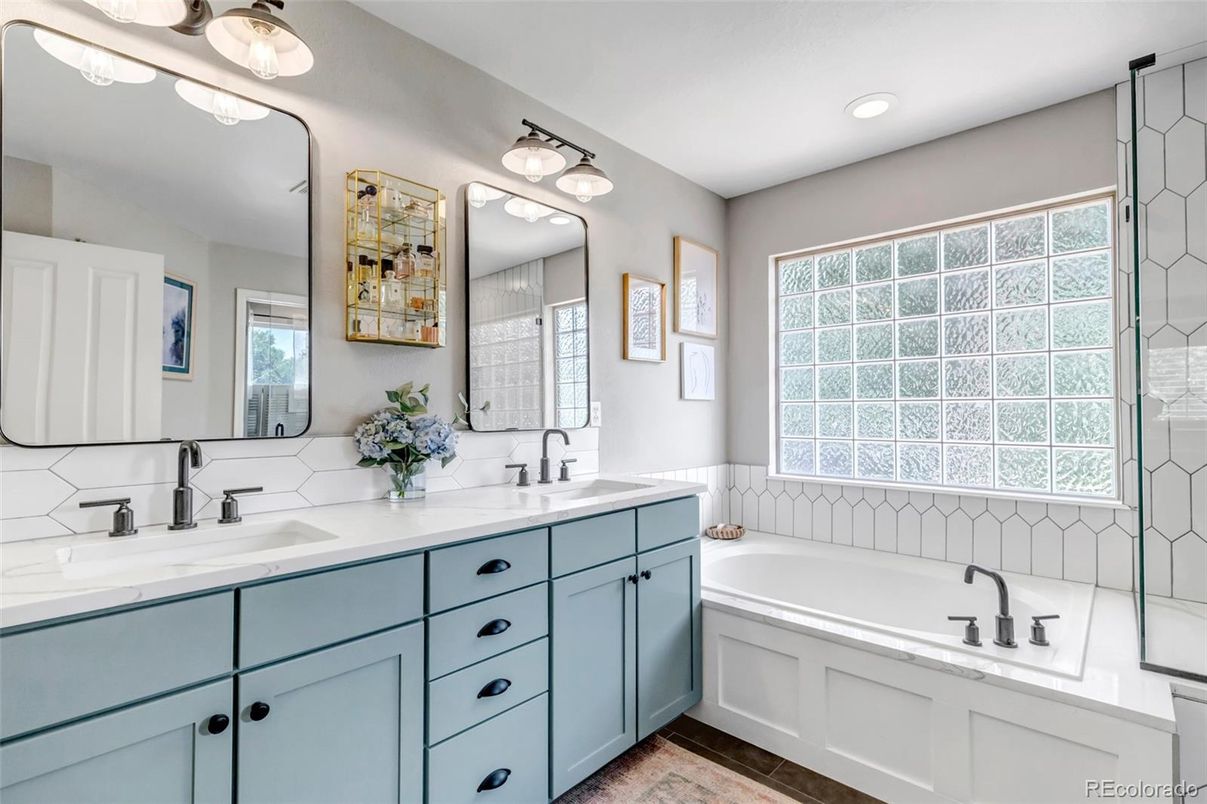 Bathroom, Dual Sink Vanities, Glass Shower, Interior, Recessed Lighting