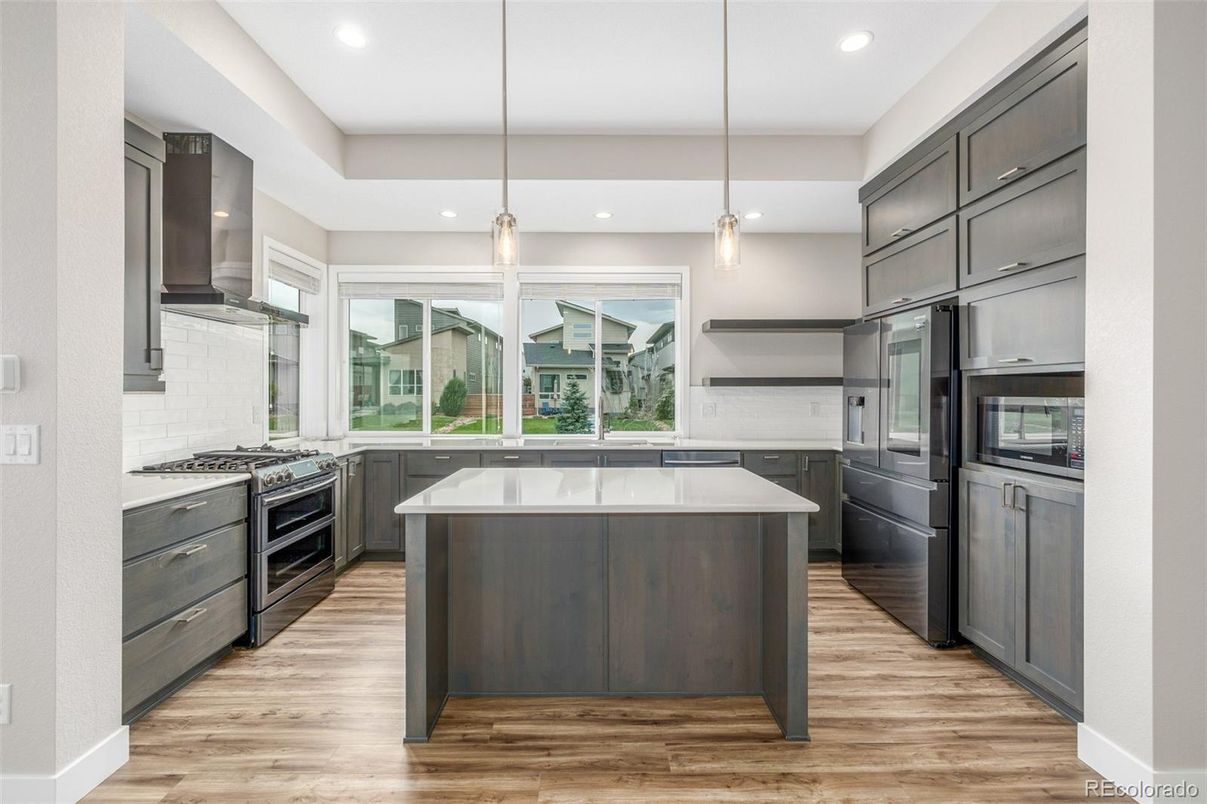 Interior, Kitchen, Pendant Lights, Recessed Lighting, Stainless Steel Appliances, Wood Texture Flooring