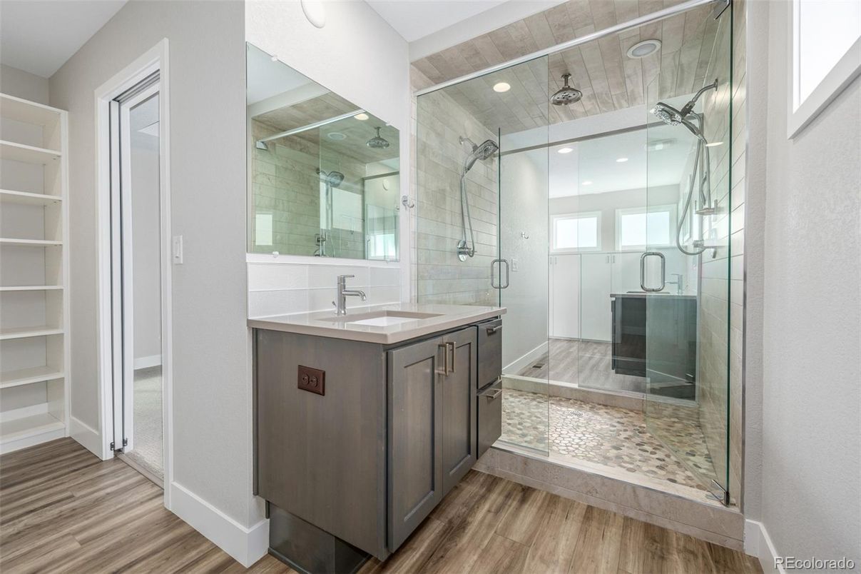 Bathroom, Glass Shower, Interior, Recessed Lighting, Wood Texture Flooring