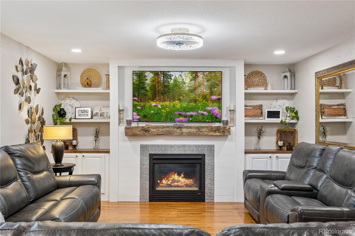 Fireplace, Interior, Recessed Lighting, Wood Texture Flooring