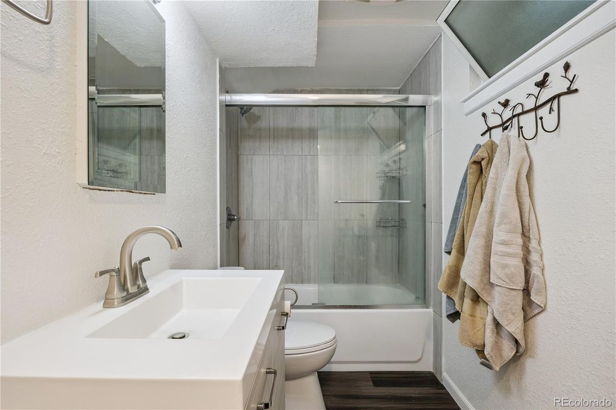 Bathroom, Glass Shower, Interior, Wood Texture Flooring