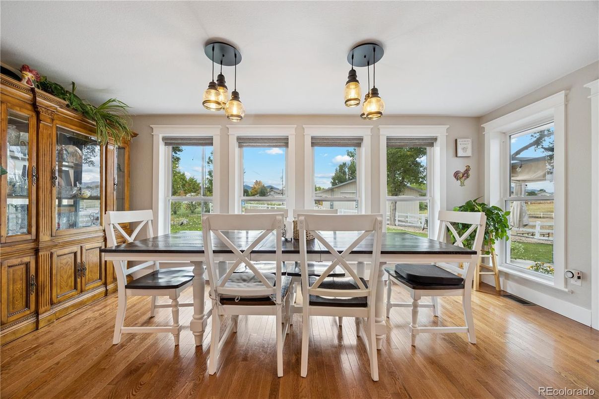 Dining room, Interior, Pendant Lights, Wood Texture Flooring