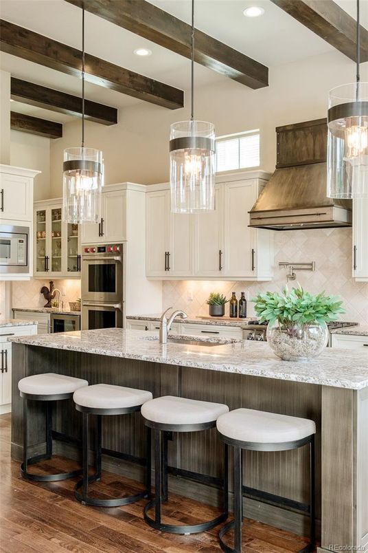 Chandelier, Interior, Kitchen, Pendant Lights, Recessed Lighting, Stainless Steel Appliances, Wooden Beams, Wood Texture Flooring