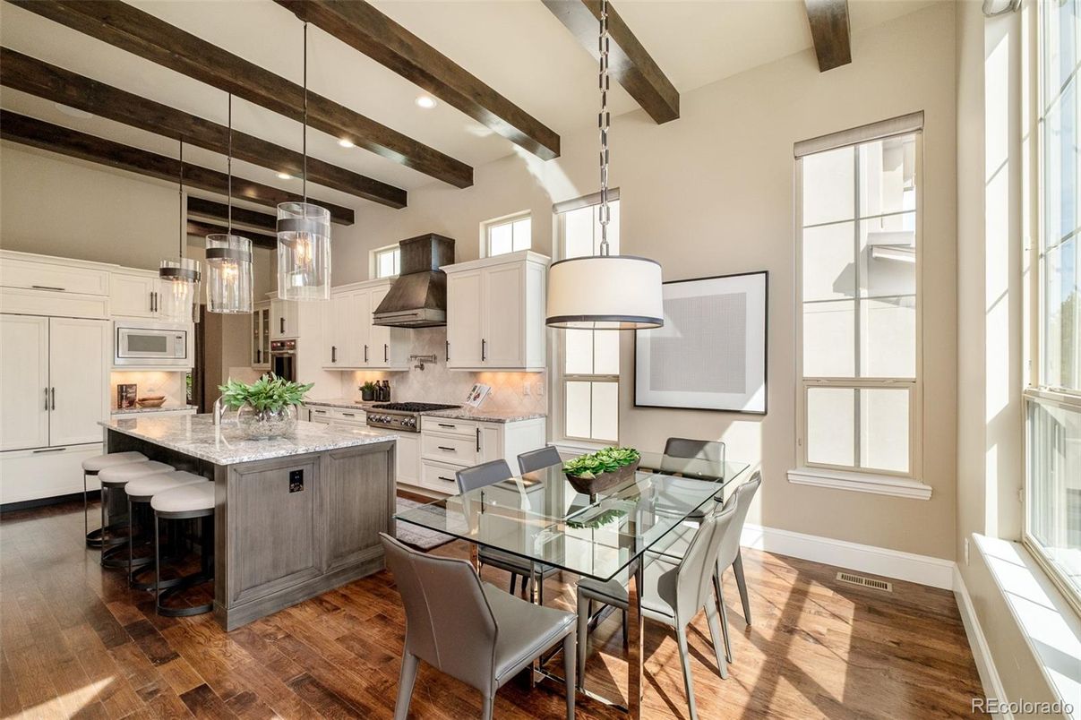 Dining room, Interior, Kitchen, Pendant Lights, Recessed Lighting, Stainless Steel Appliances, Wooden Beams, Wood Texture Flooring