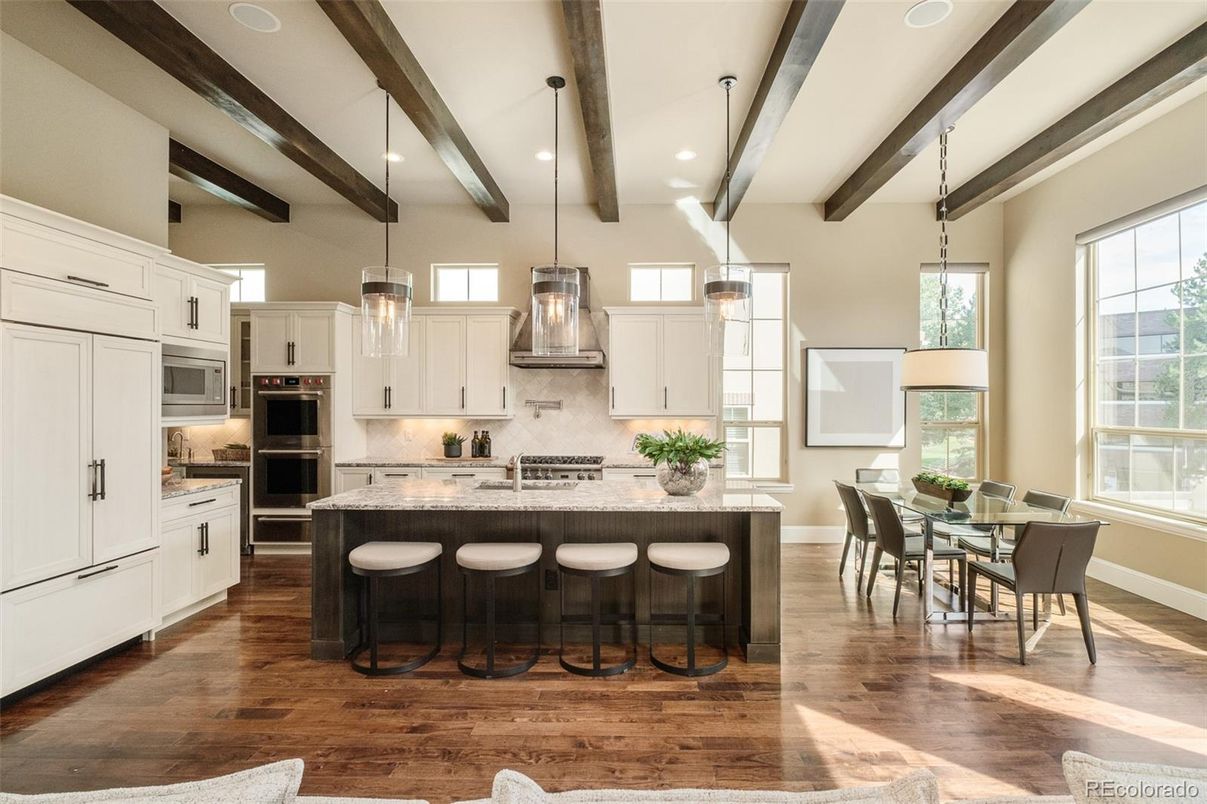 Dining room, Interior, Kitchen, Pendant Lights, Recessed Lighting, Stainless Steel Appliances, Wooden Beams, Wood Texture Flooring