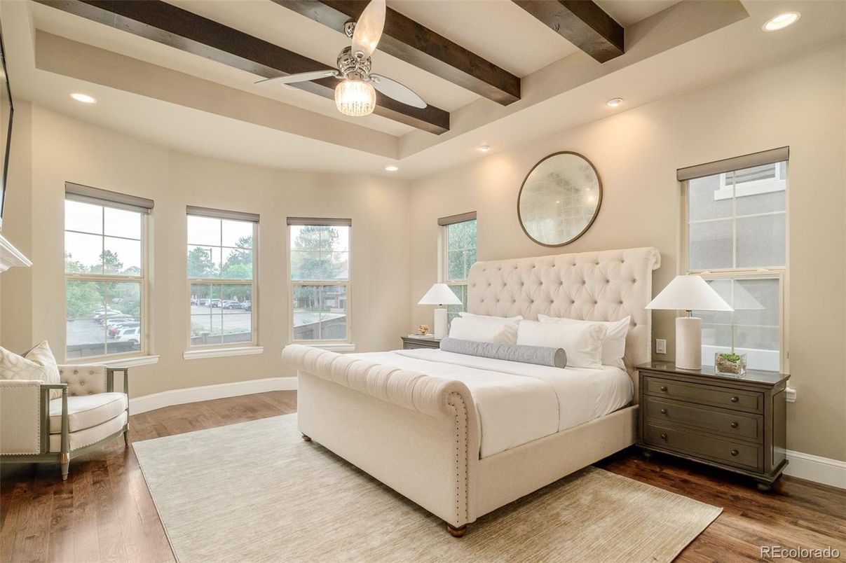 Bedroom, Interior, Recessed Lighting, Wooden Beams, Wood Texture Flooring