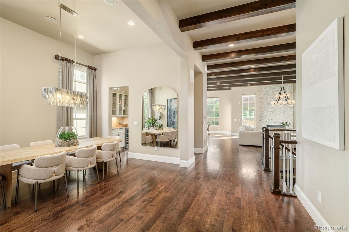 Chandelier, Dining room, Interior, Pendant Lights, Recessed Lighting, Wooden Beams, Wood Texture Flooring