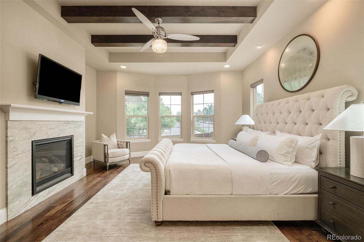 Bedroom, Fireplace, Interior, Recessed Lighting, Wooden Beams, Wood Texture Flooring