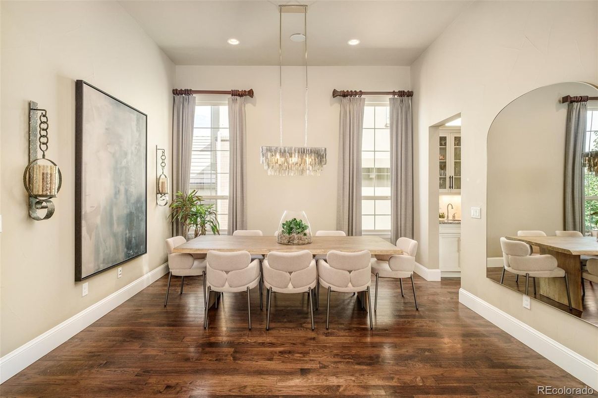 Dining room, Interior, Pendant Lights, Recessed Lighting, Wood Texture Flooring